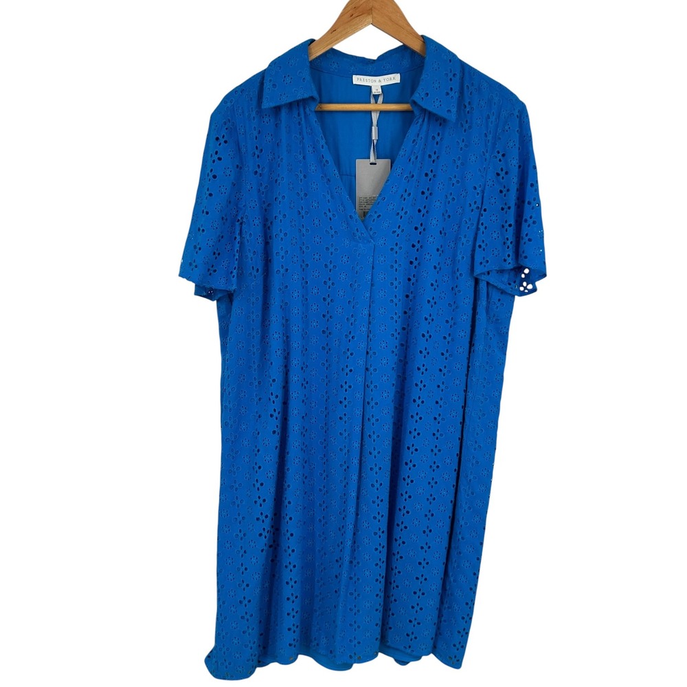 Preston York Eyelet Shift Dress Grecian Blue Short Sleeve V Neck Size 18 - Picture 4 of 8